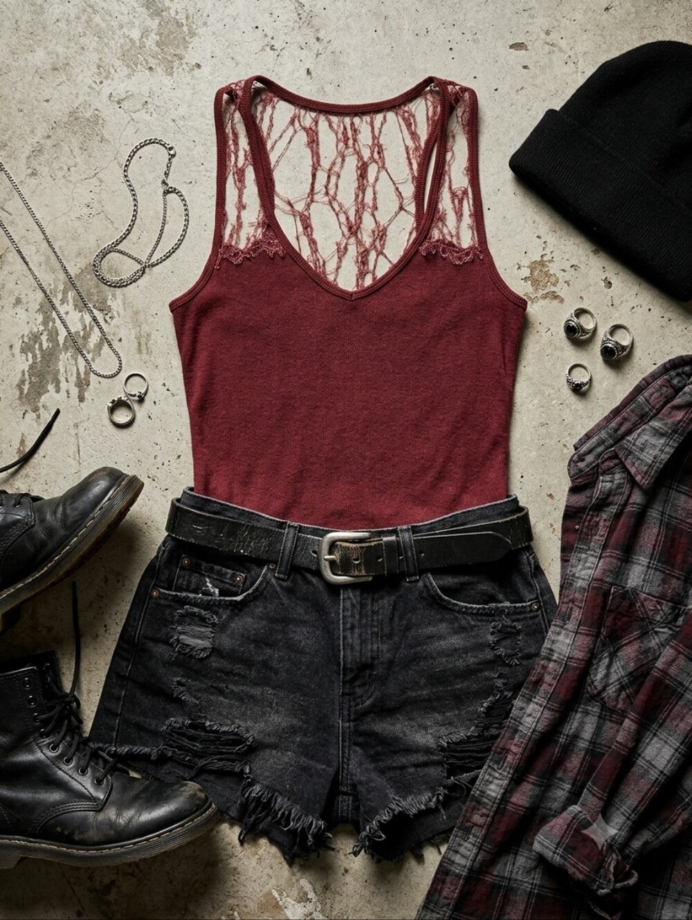 GUESS Heathered Burgundy Tattered Lace Ribbed Knit Tank Top